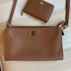 Tory Burch Tan Pebbled Leather Crossbody with Card Wallet